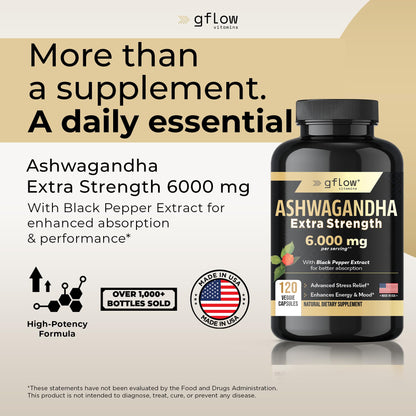 Gflow Ashwagandha 6000mg – Extra Strength for Women & Men | Sleep, Mood & Energy | Made in USA