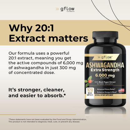 Gflow Ashwagandha 6000mg – Extra Strength for Women & Men | Sleep, Mood & Energy | Made in USA