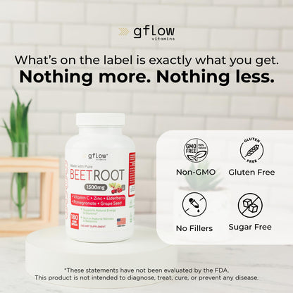 Gflow Beet Root Capsules Organic - Heart Health & Stamina | Non-GMO, 180 Veggie Caps | Made in USA