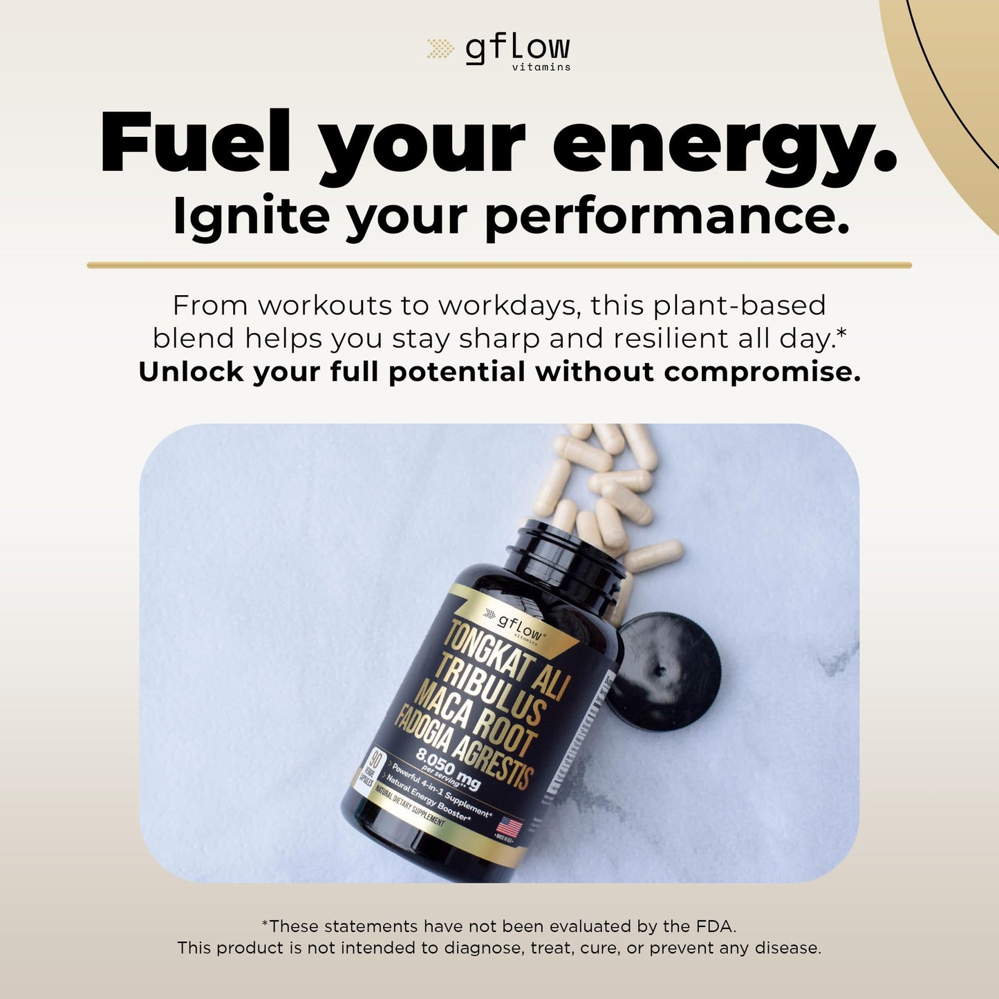 Gflow Vitamins Tongkat Ali for Men & Women - Extra Strength Formula | Stamina, Energy, Mood Support | Made in USA