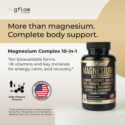 Gflow Magnesium Complex 10-in-1: Glycinate, Citrate, Malate + B Vitamins