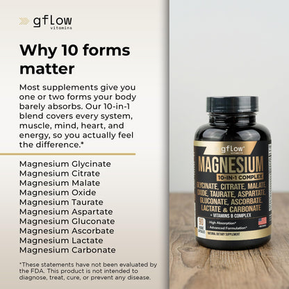 Gflow Magnesium Complex 10-in-1: Glycinate, Citrate, Malate + B Vitamins