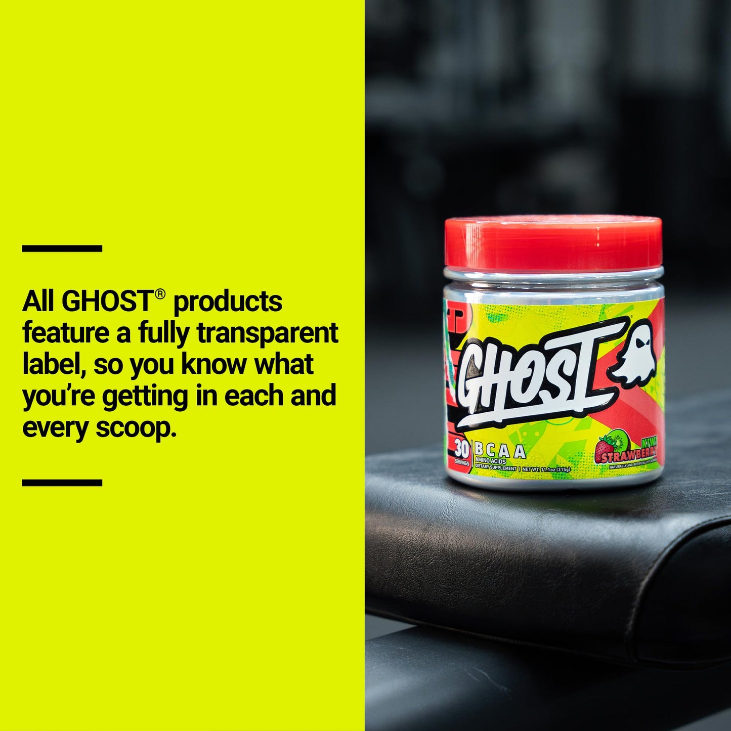 Ghost BCAA Powder Kiwi Strawberry – 7G BCAAs, Sugar-Free, 30 Servings | Pre/Intra/Post Workout