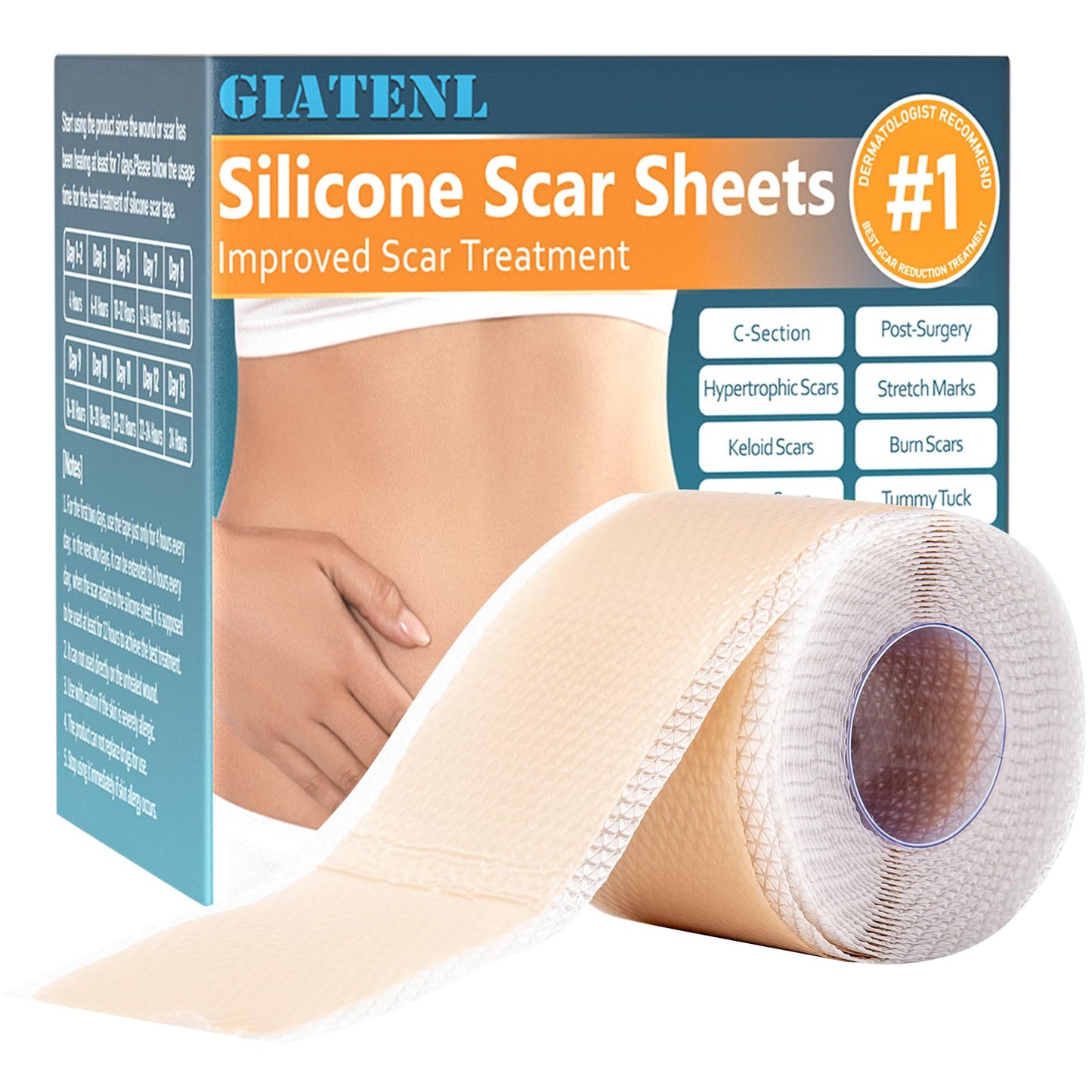 GIATENL Silicone Scar Sheets – Reusable Scar Tape for Surgical, Keloid & C-Section Scars | 1.6″ x 118″ Roll (3m)