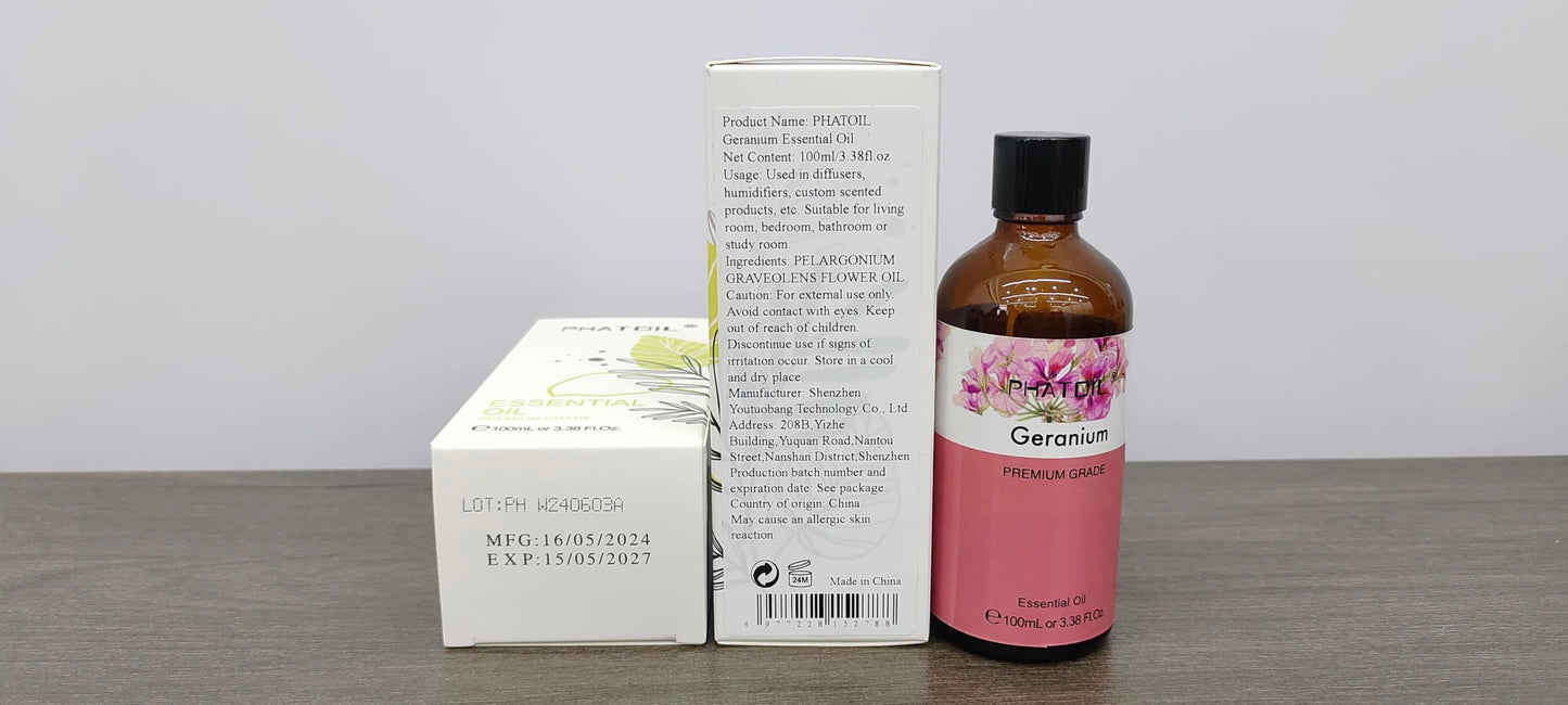 Geranium Essential Oil 100ml | PHATOIL Aromatherapy for Diffuser, Humidifier & DIY Candles