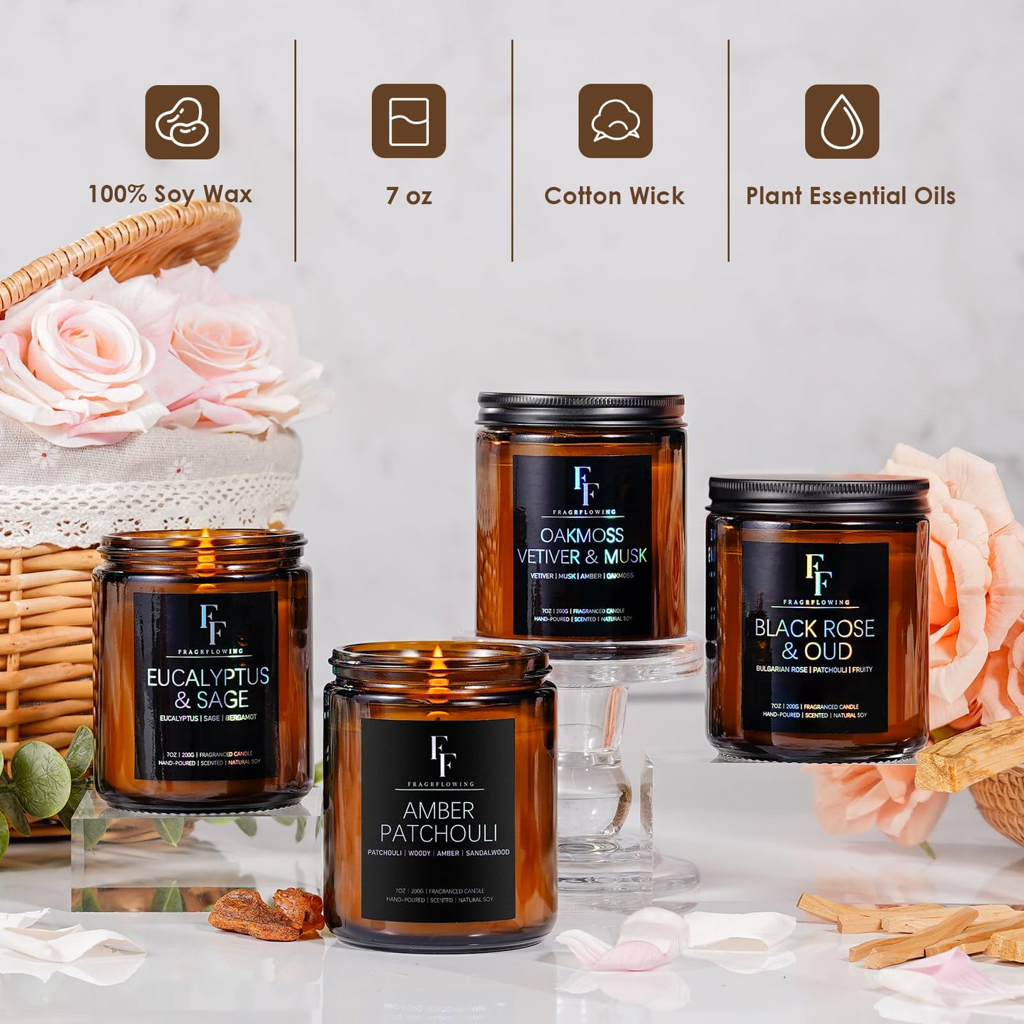 Black Rose & Oud Scented Candles – 7oz Soy Wax Jar | Aromatherapy Gift for Women & Men
