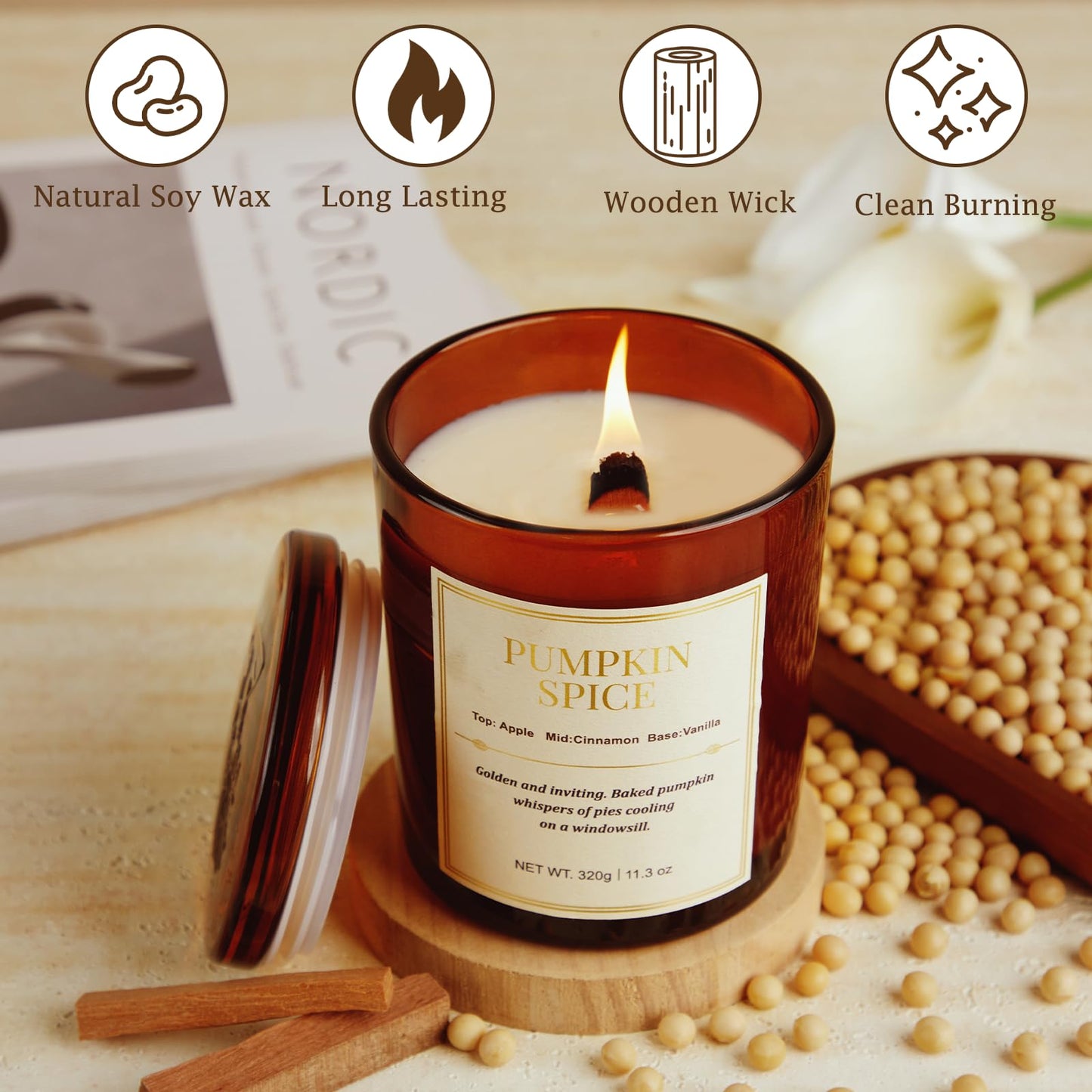 Fall Candle Gift Set – 2-Pack Wood Wick Pumpkin Spice Soy Candles with Gift Boxes (22.6 oz)