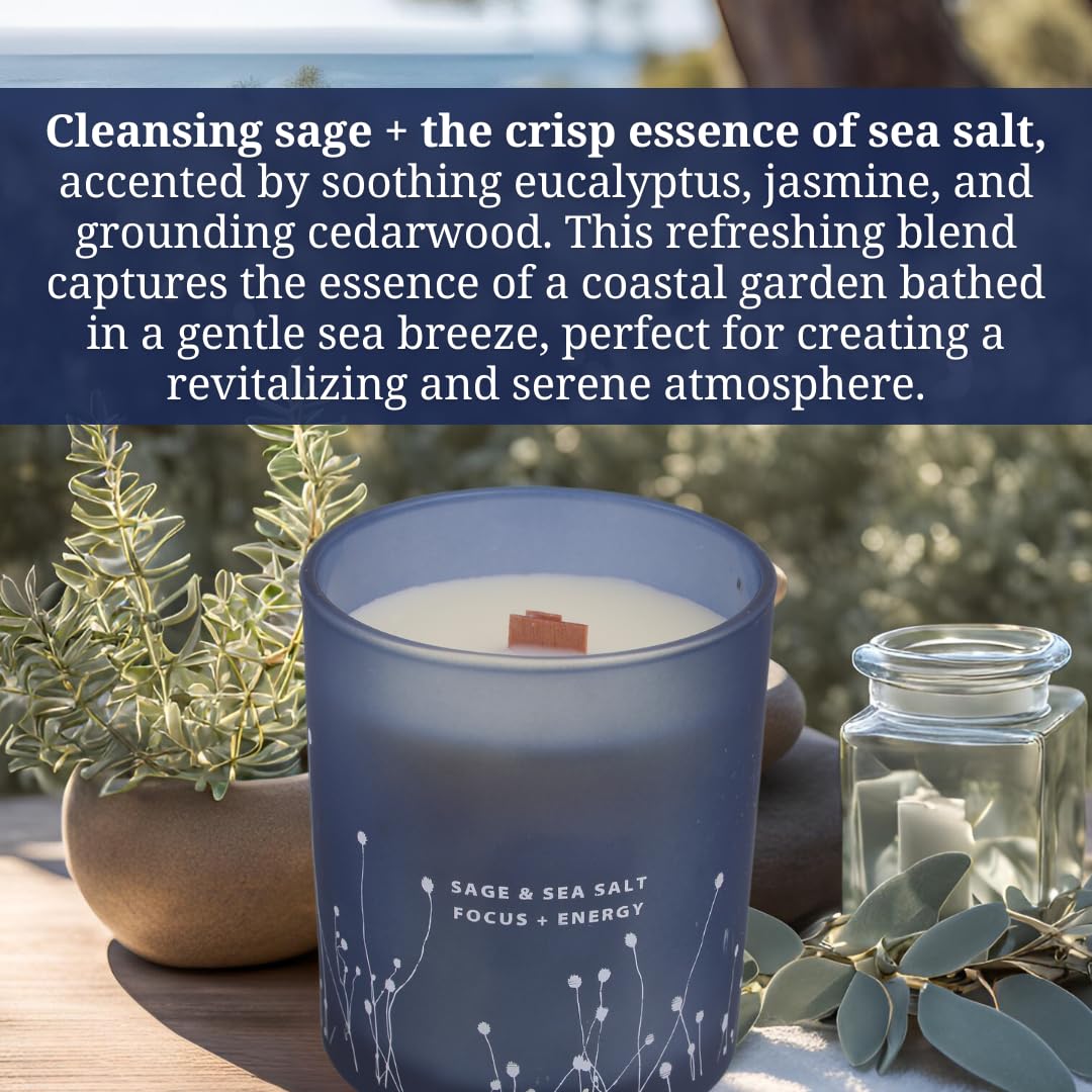 White Sage Sea Salt Wood Wick Soy Candle 10.6 oz | Aromatherapy & Cleansing