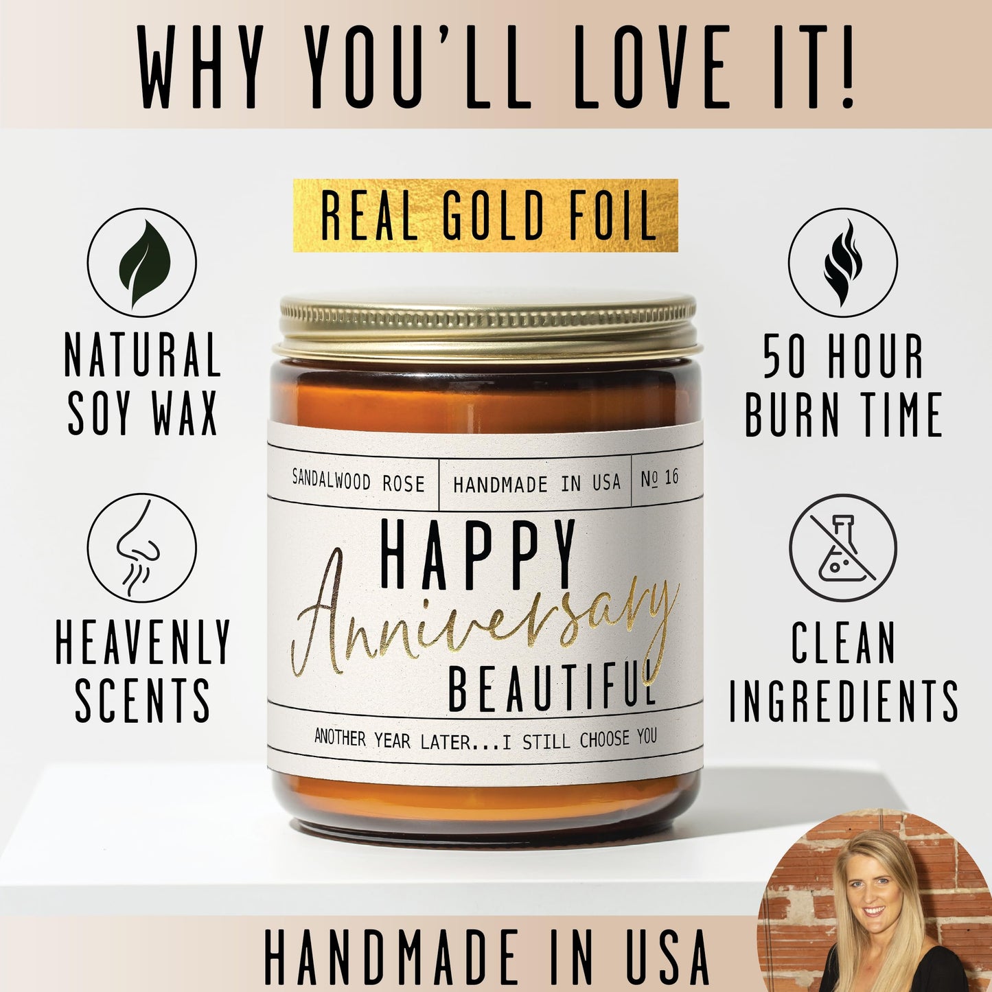 Anniversary Gifts for Women - Happy Anniversary Beautiful Candle | USA Made