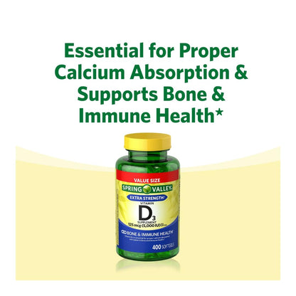 Spring Valley Vitamin D3 Softgels 125 mcg (5,000 IU) – 400 Count + Gift Ice Roller