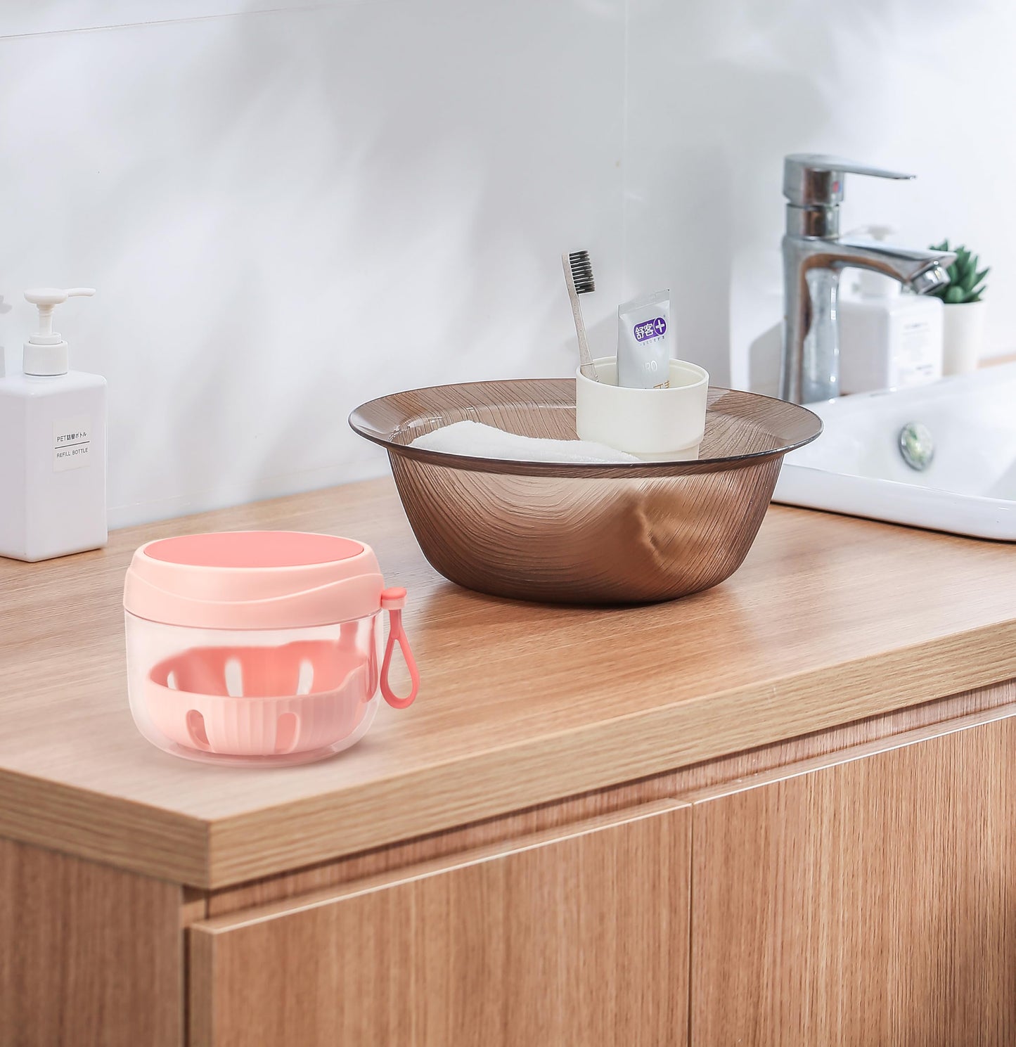 Denture Case - Leak-Proof Travel Bath Cup (Pink) with Mirror, Brush & Aligner Removal Tool