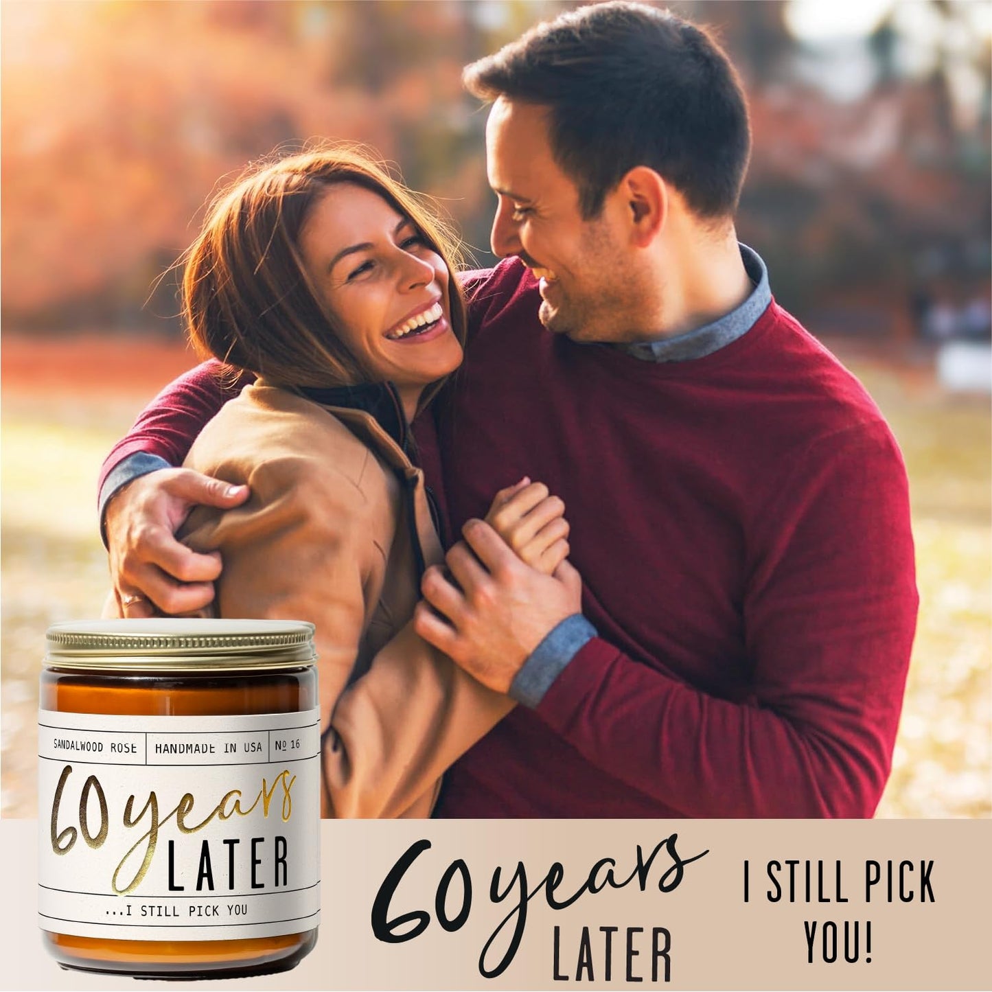 60th Anniversary Gifts – 60 Year Later Candle (Sandalwood Rose) – USA Made
