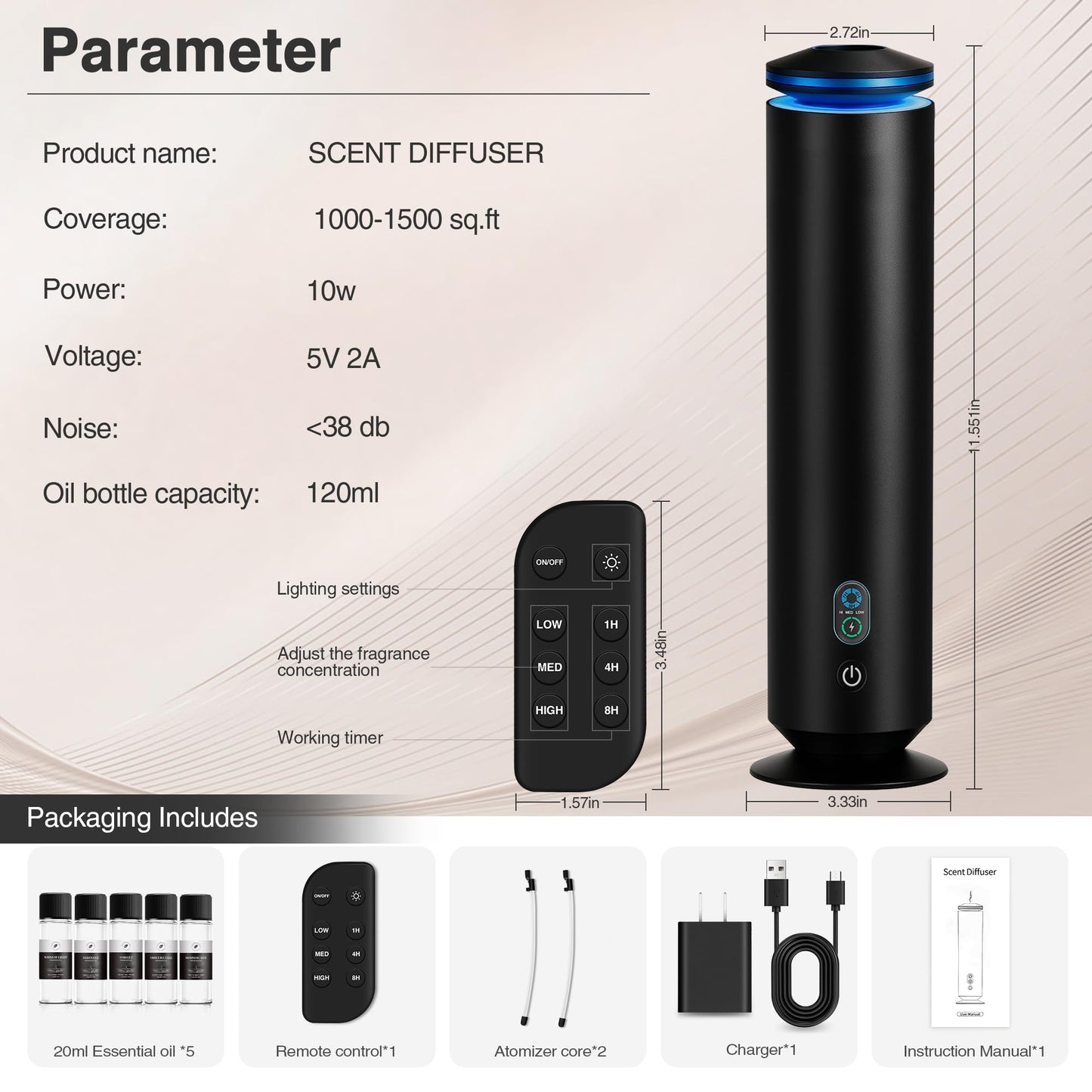 Waterless Scent Diffuser Starter Kit – 1500 Sq Ft Coverage, Black
