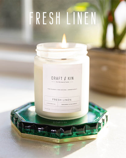 Craft & Kin Fresh Linen Soy Candle – 8 oz, Wood Wick, 45-Hour Burn