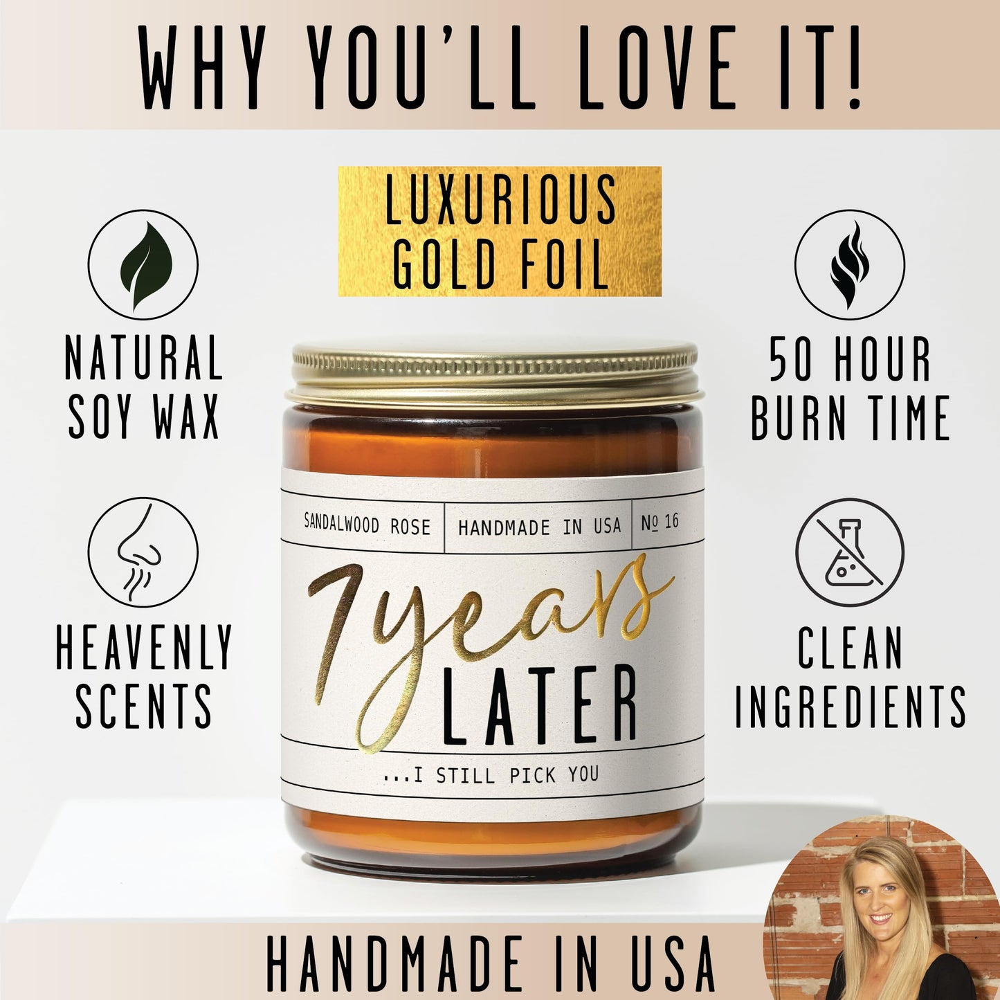 7 Year Anniversary Gift for Her – 7 Years Later Soy Candle, Sandalwood Rose, USA Made