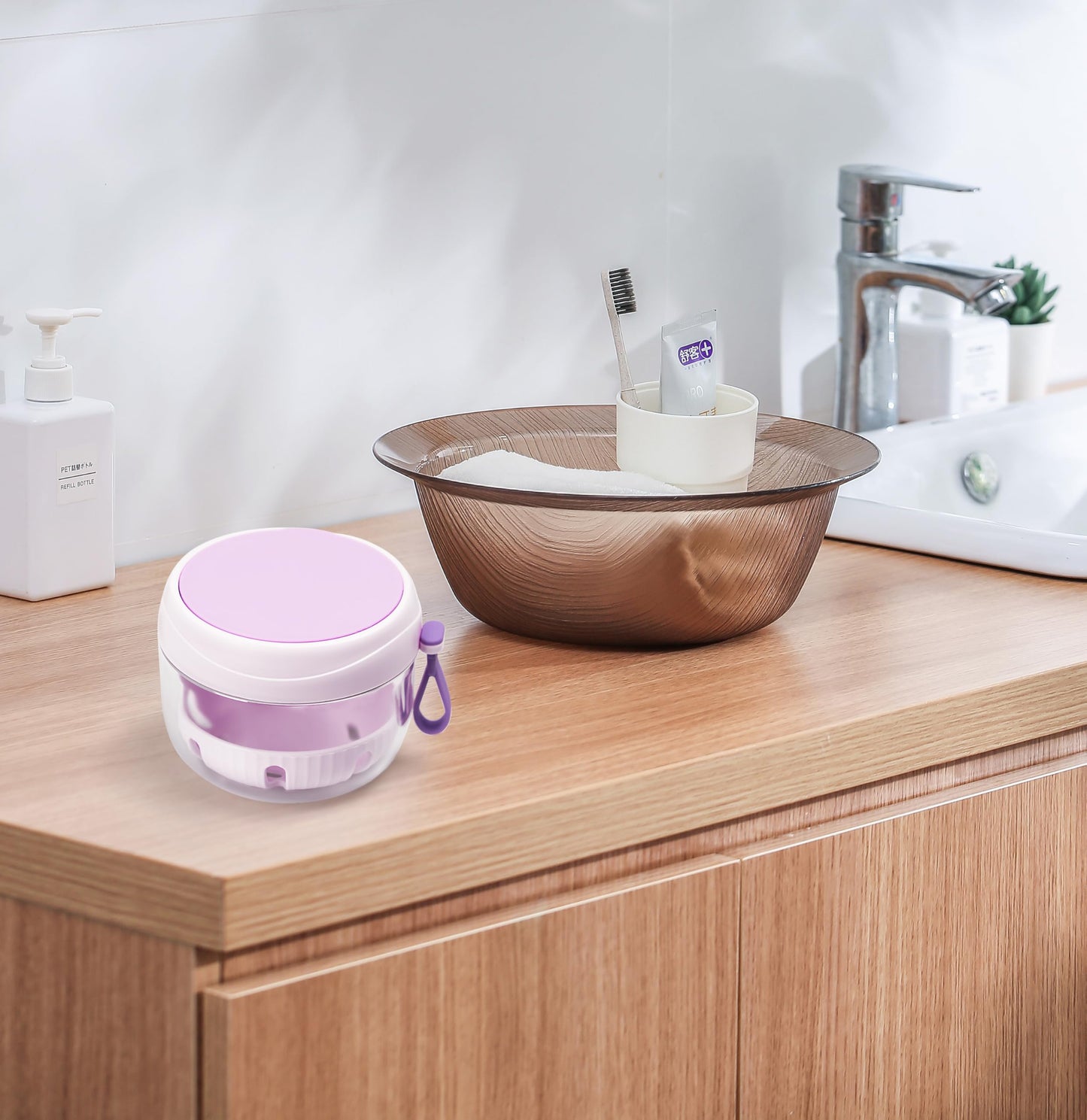 Purple Denture Case with Strainer & Mirror - Leak-Proof Travel Cup
