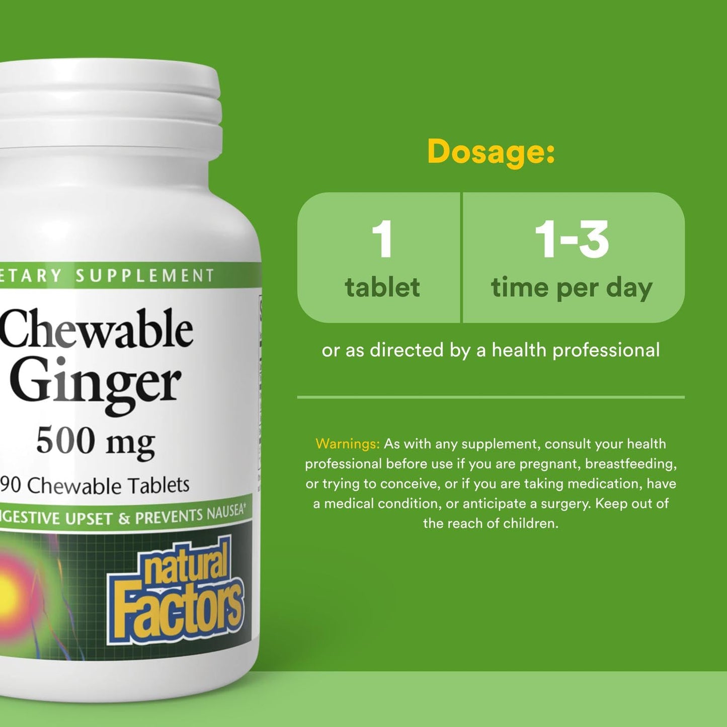 Natural Factors Chewable Ginger 500 mg, 90 Count | Digestive Support