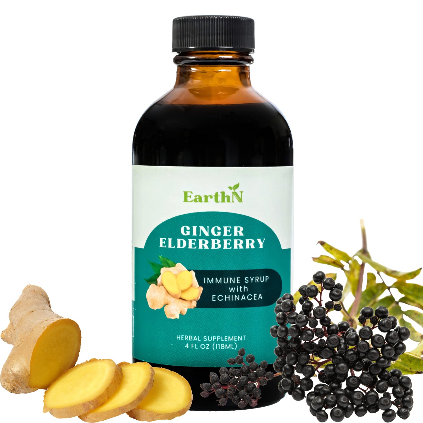 Ginger Elderberry Immune Syrup with Echinacea, Vitamin C & Honey - Organic 4 fl oz | Earthn