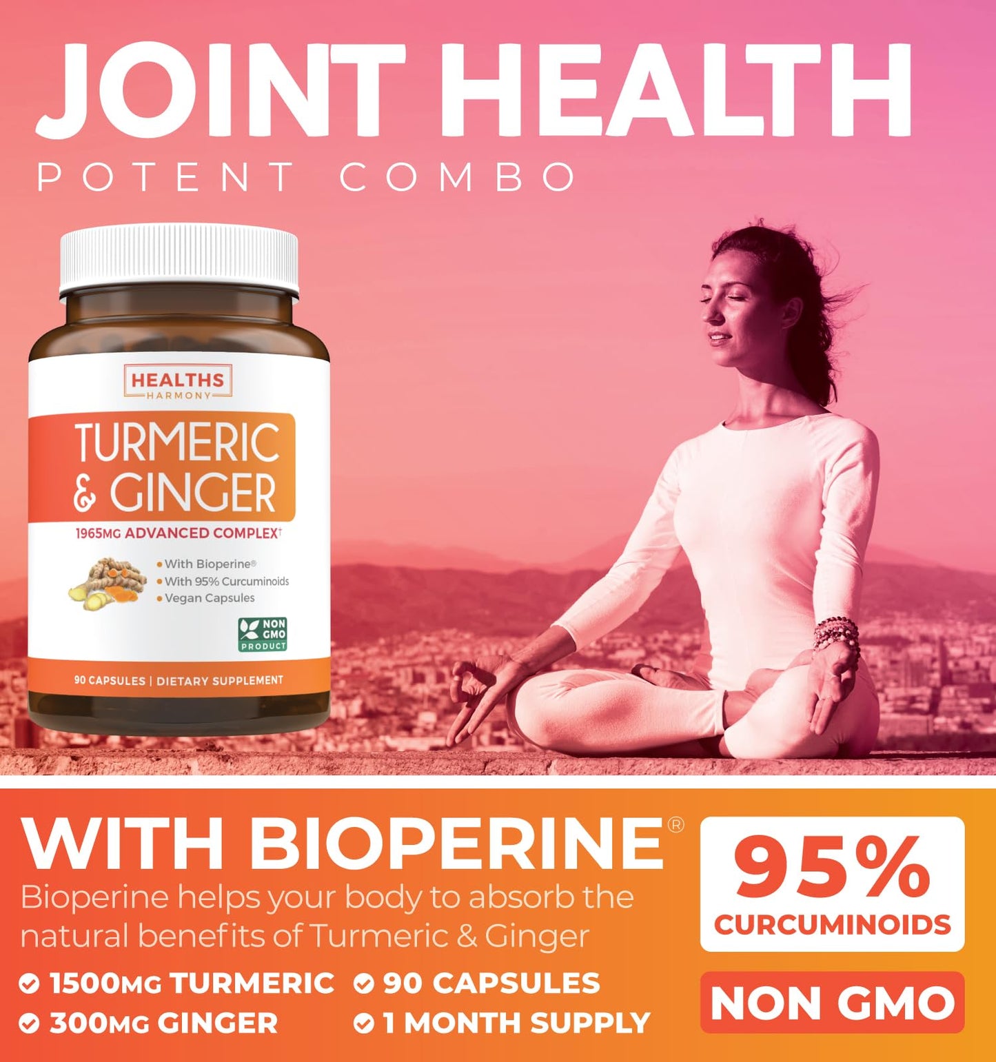 Turmeric and Ginger Supplement (Non-GMO) 1980mg Serving – Curcumin 95% with Black Pepper Bioperine, Ginger Extract, 90 Capsules
