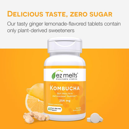 EZ Melts Sugar-Free Kombucha Tablets with SCOBY & ACV – Ginger Lemonade, 2-Pack (2-Month Supply)