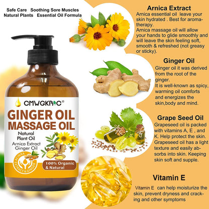 Ginger Massage Oil for Lymphatic Drainage | Natural Body Oil | Arnica & Sore Muscle Relief