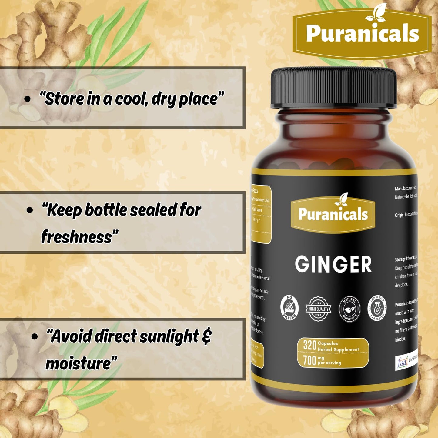 Puranicals Ginger Premium 320 Capsules – Non-GMO, Gluten Free, 700 mg per Serving, 100% Pure Ginger Root Powder