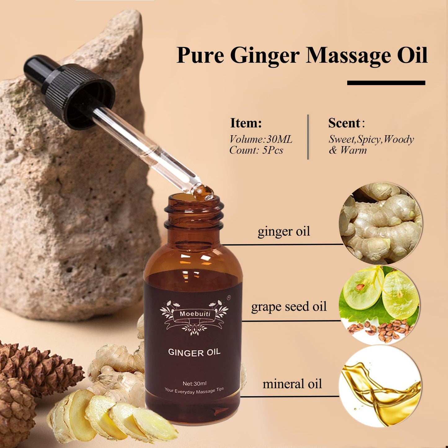 Ginger Oil – Pure Ginger Essential Oil (30ml x5) for Massage & Lymphatic Drainage