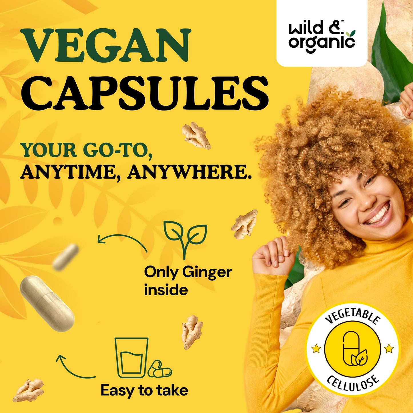 Wild & Organic Ginger Root Capsules 1200 mg – Immune & Digestive Support | 60-Day Supply | Vegan, Non-GMO