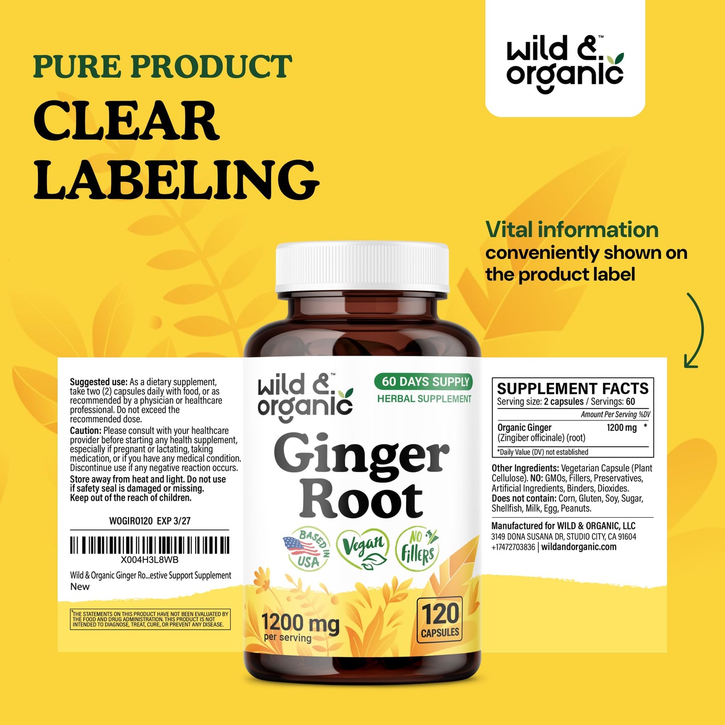 Wild & Organic Ginger Root Capsules 1200 mg – Immune & Digestive Support | 60-Day Supply | Vegan, Non-GMO