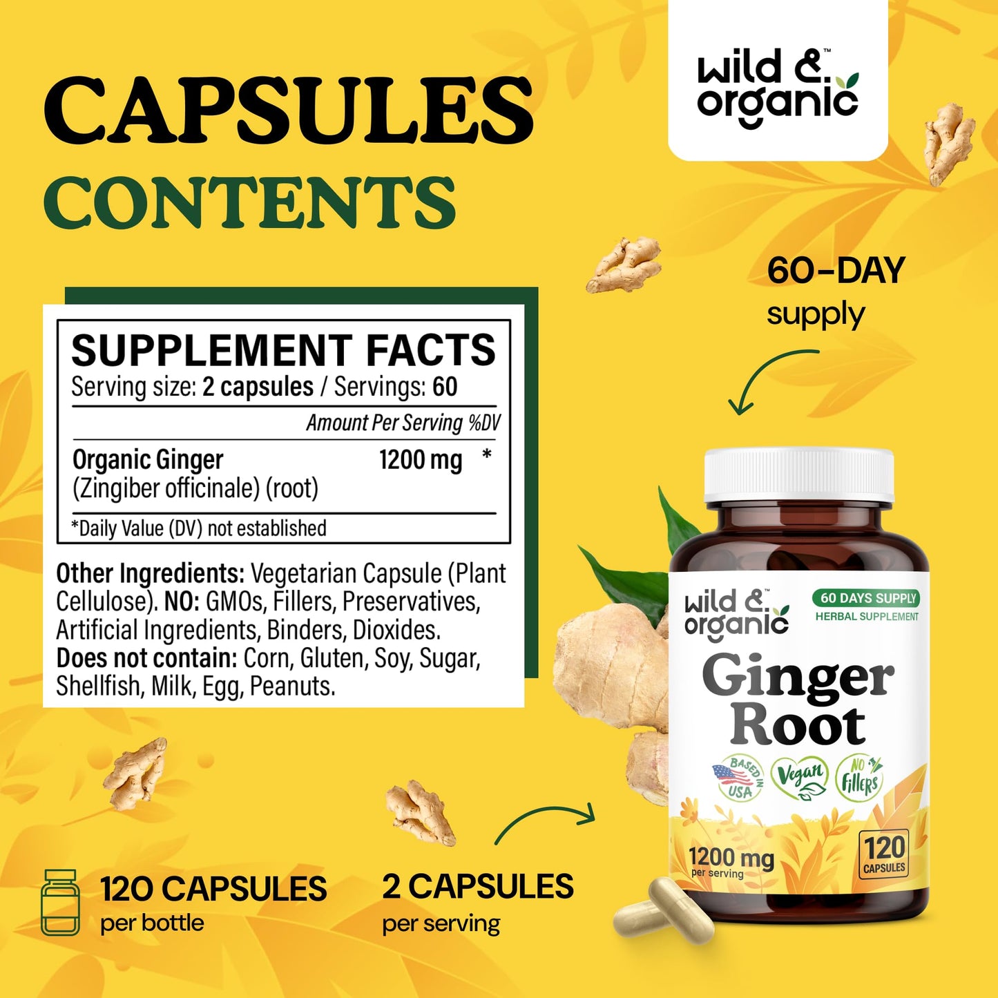 Wild & Organic Ginger Root Capsules 1200 mg – Immune & Digestive Support | 60-Day Supply | Vegan, Non-GMO