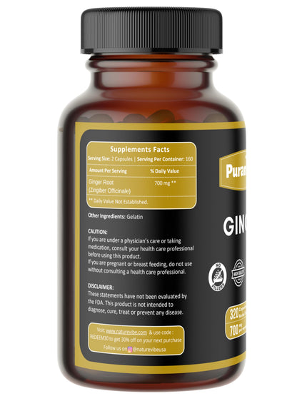 Puranicals Ginger Premium 320 Capsules – Non-GMO, Gluten Free, 700 mg per Serving, 100% Pure Ginger Root Powder