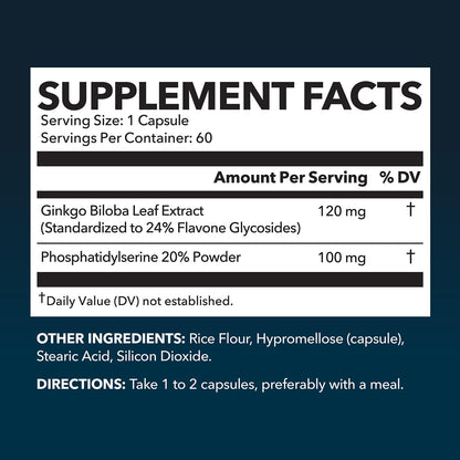 Ginkgo Biloba 120mg with Phosphatidylserine | Nootropic Brain Health & Focus - 60 Non-GMO Capsules