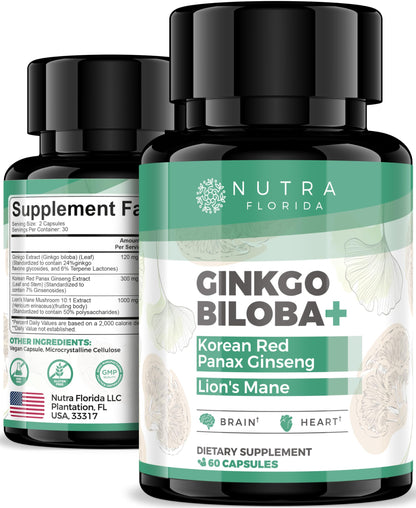 Ginkgo Biloba 120mg, Korean Red Ginseng 300mg & Lion's Mane 1000mg – Vegetarian Brain Supplement