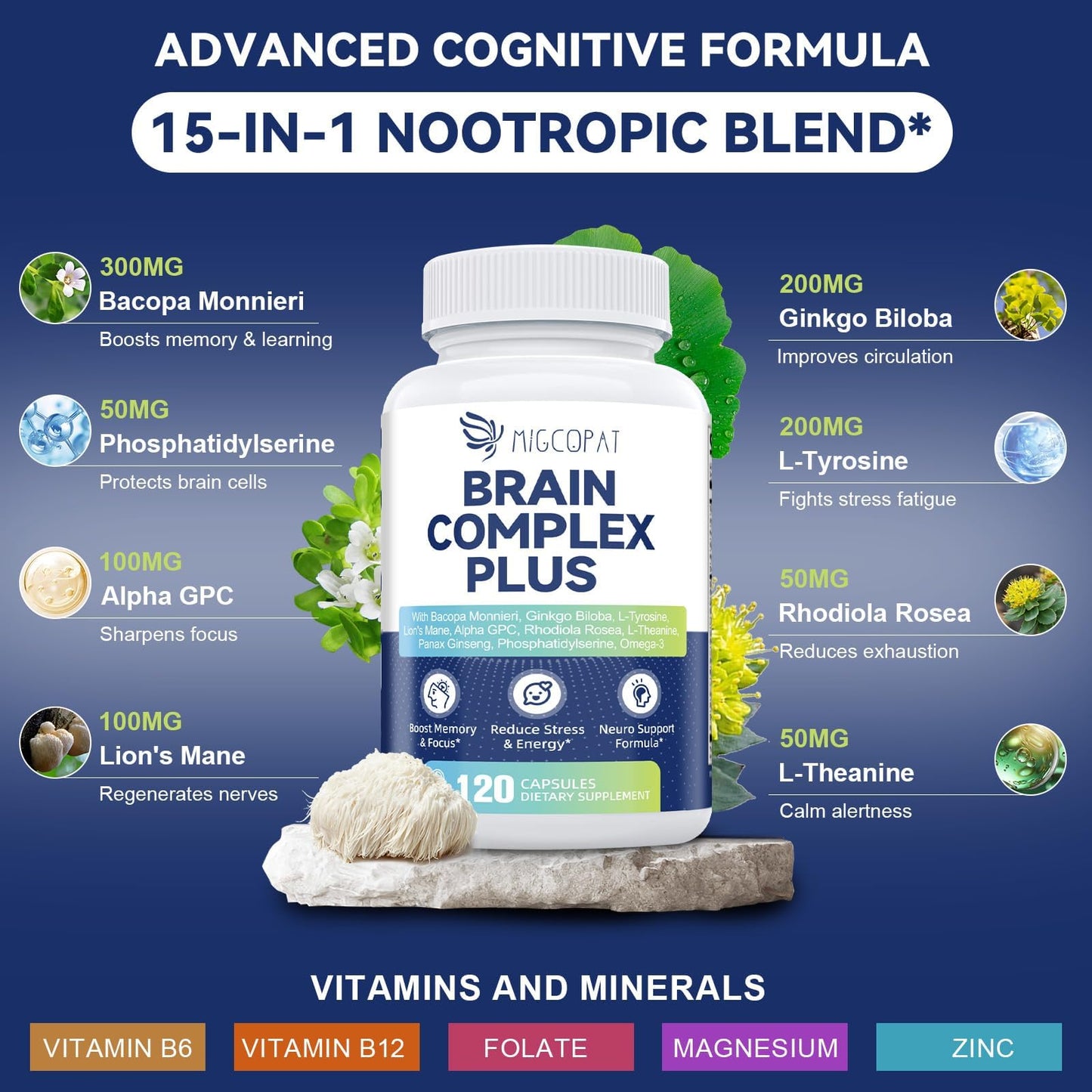 Brain Supplements for Memory & Focus – Nootropic with Bacopa Monnieri, Lion's Mane, Alpha GPC & Ginkgo (120 Caps)
