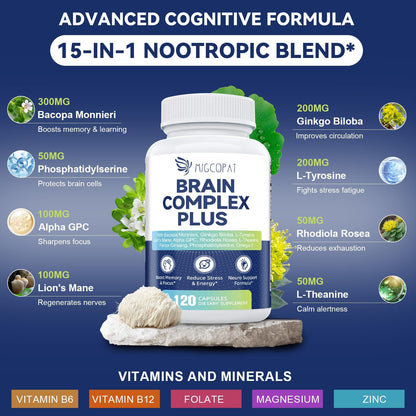 Brain Supplements for Memory & Focus – Nootropic with Bacopa Monnieri, Lion's Mane, Alpha GPC & Ginkgo (120 Caps)