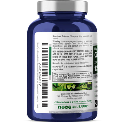 NusaPure Ginkgo Biloba 50:1 Extract 250 mg per Capsule | 12,500 mg Equivalent | 200 Veggie Caps | Bioperine