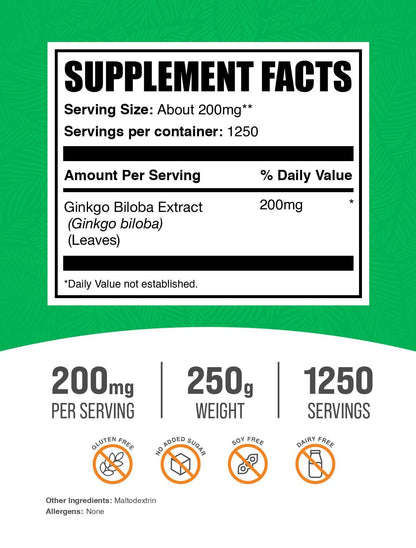 BulkSupplements.com Ginkgo Biloba Extract Powder – 200mg per Serving, 250g (Gluten Free)