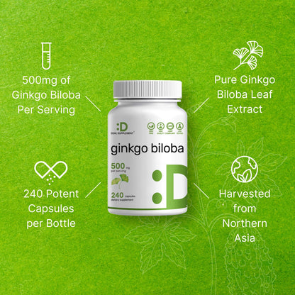 Ginkgo Biloba 500mg – 240 Capsules (4-Month Supply) – Extra Strength Brain Support