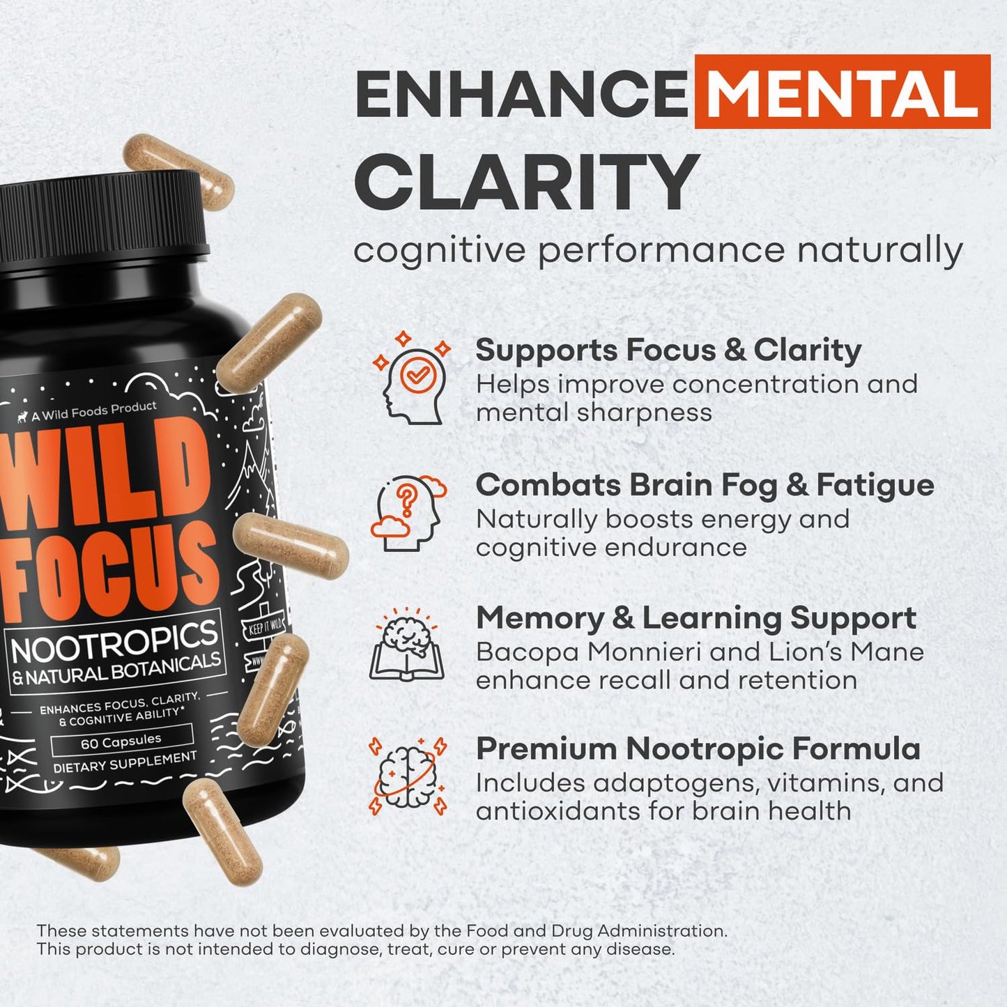 Wild Focus Brain Supplements | Caffeine-Free, Plant-Based Botanicals | Lions Mane, Ginkgo Biloba, Bacopa Monnieri, Lemon Balm | 100% Natural Nootropic | 60 caps