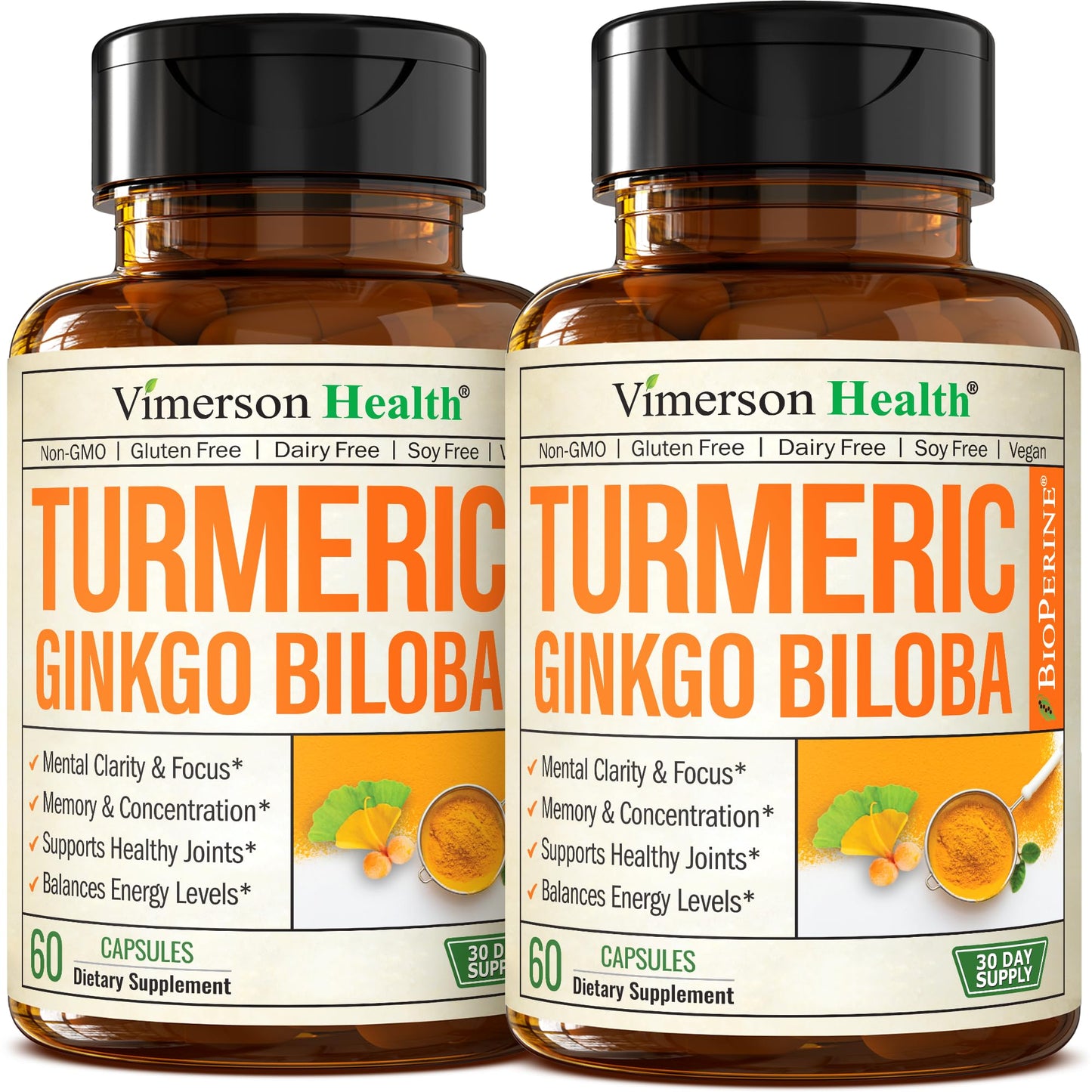 Vimerson Health Ginkgo Biloba & Turmeric Curcumin Supplement with Black Pepper – Focus, Memory & Joint Support – Vegan 2-Pack