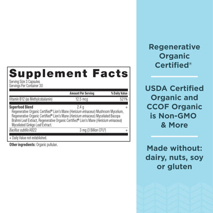 Ancient Nutrition Regenerative Organic Certified Focused Brain Capsules - Ginkgo Leaf & Lion's Mane, Gluten Free, Paleo & Keto (90 Count)