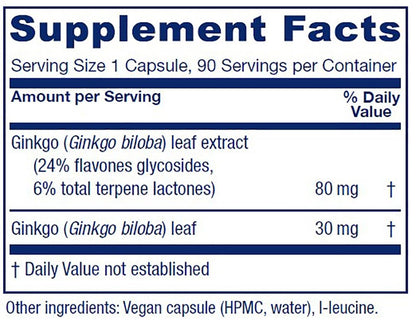 Vitanica Ginkgo Biloba Extract – Supports Circulation & Cognitive Health | 24% Flavone Glycosides, 6% Terpene Lactones | 90 Capsules
