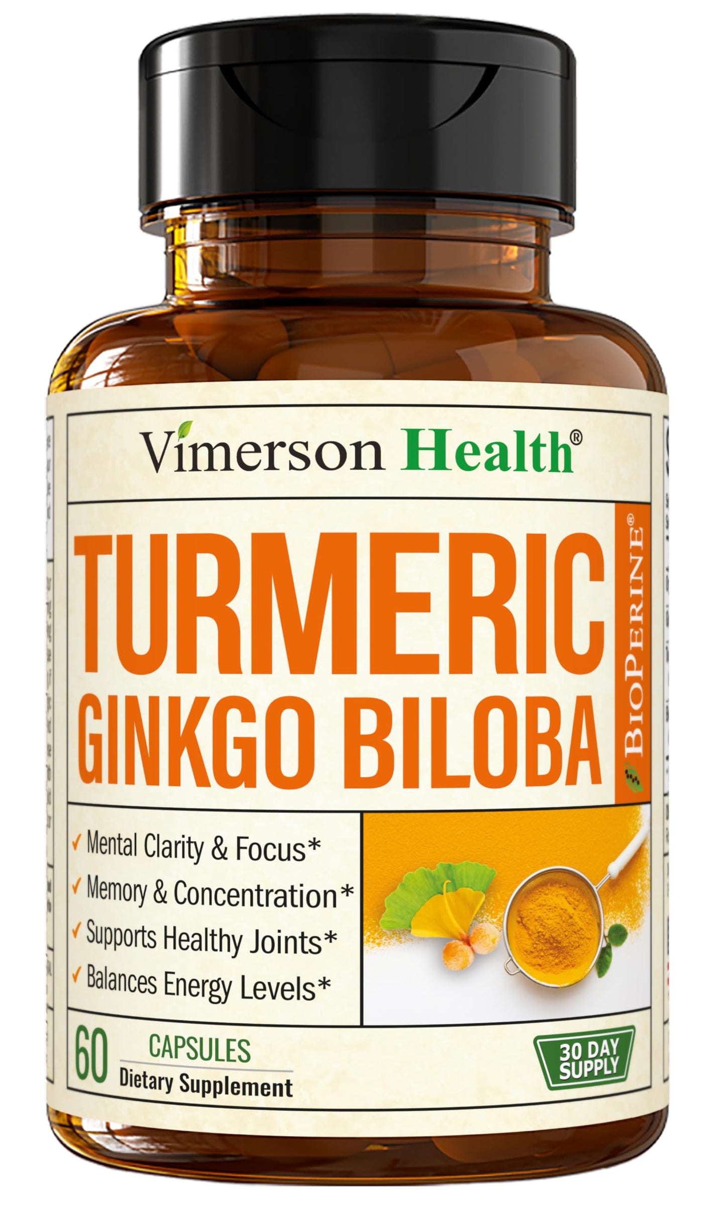 Ginkgo Biloba & Turmeric Curcumin with Black Pepper – 60 Vegan Capsules