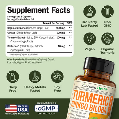 Ginkgo Biloba & Turmeric Curcumin with Black Pepper – 60 Vegan Capsules