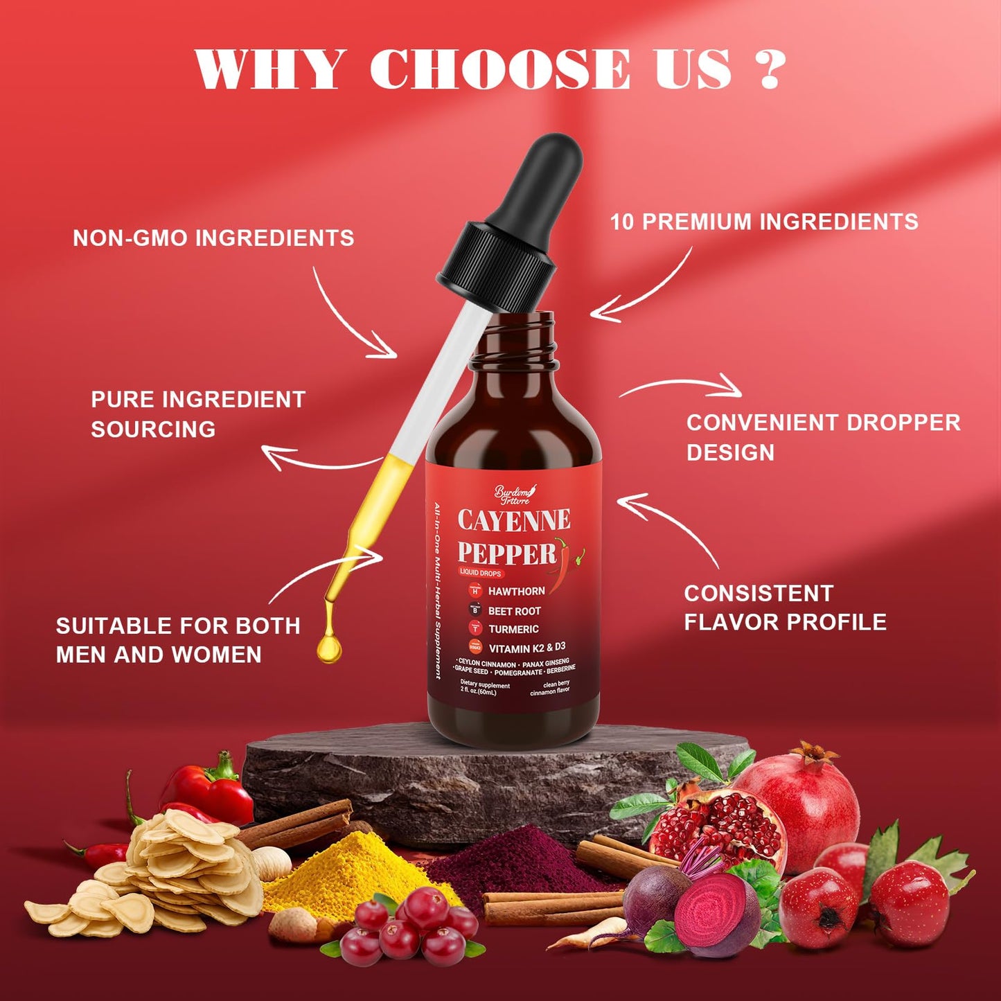 Premium Cayenne Pepper Drops Supplement with Hawthorn, Beet Root, Turmeric, Vitamin K2 & D3, Ginseng, Ceylon Cinnamon – Capsaicin Supplements for Wellness Support - 4 OZ