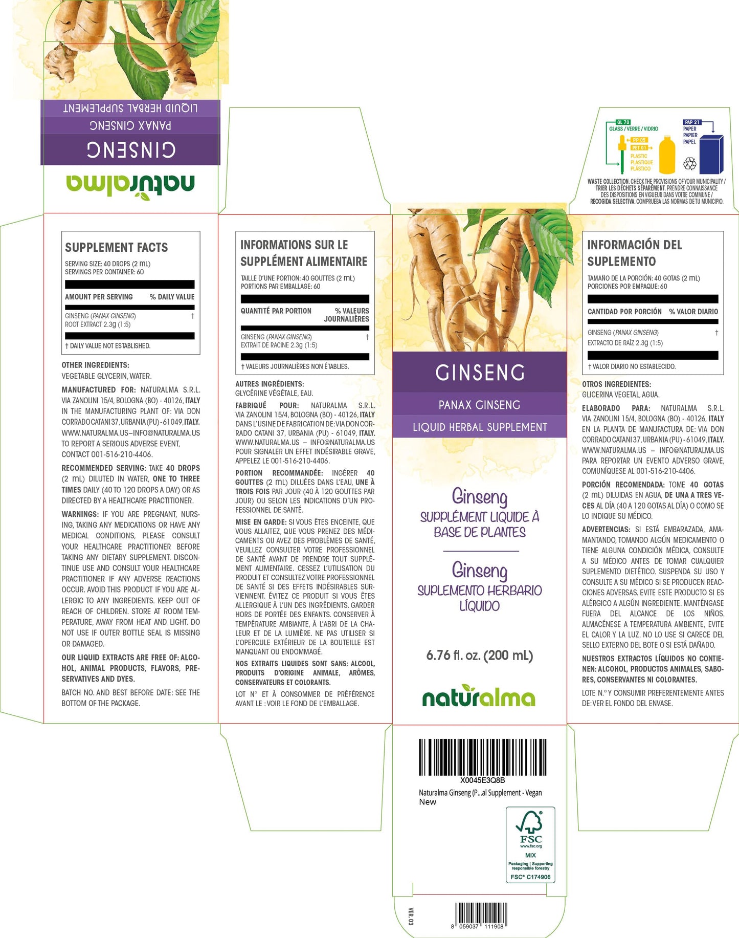 Naturalma Ginseng Root Tincture (Panax Ginseng) - Alcohol-Free Drops, 6.76 fl oz | Vegan