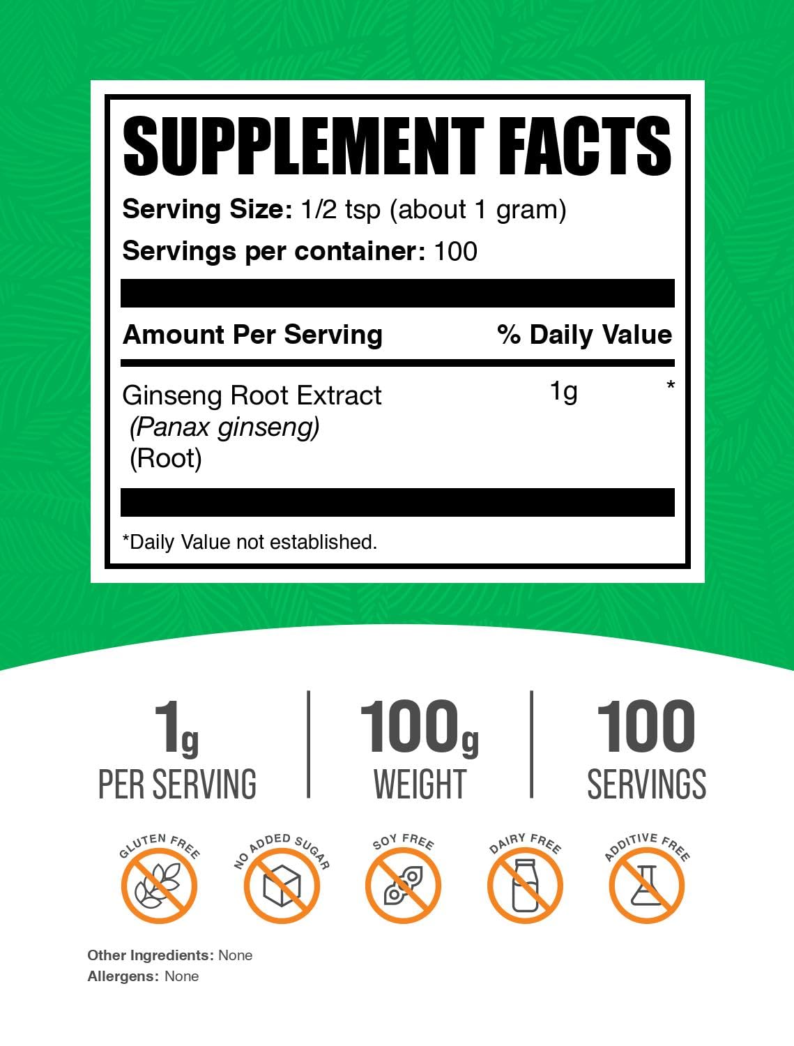 Panax Ginseng Root Extract Powder – 100g (1g/serving) | Vegan & Gluten Free | BulkSupplements