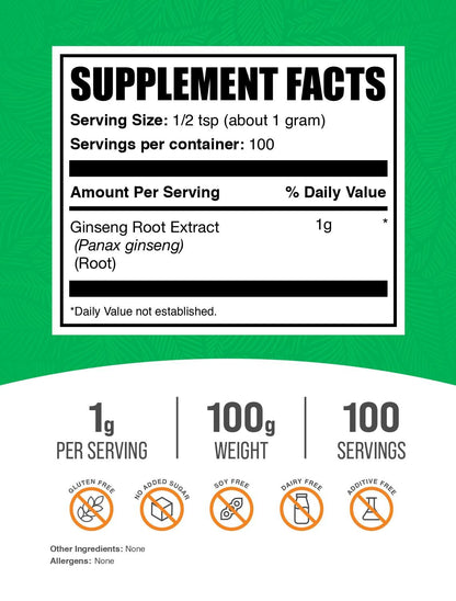 Panax Ginseng Root Extract Powder – 100g (1g/serving) | Vegan & Gluten Free | BulkSupplements