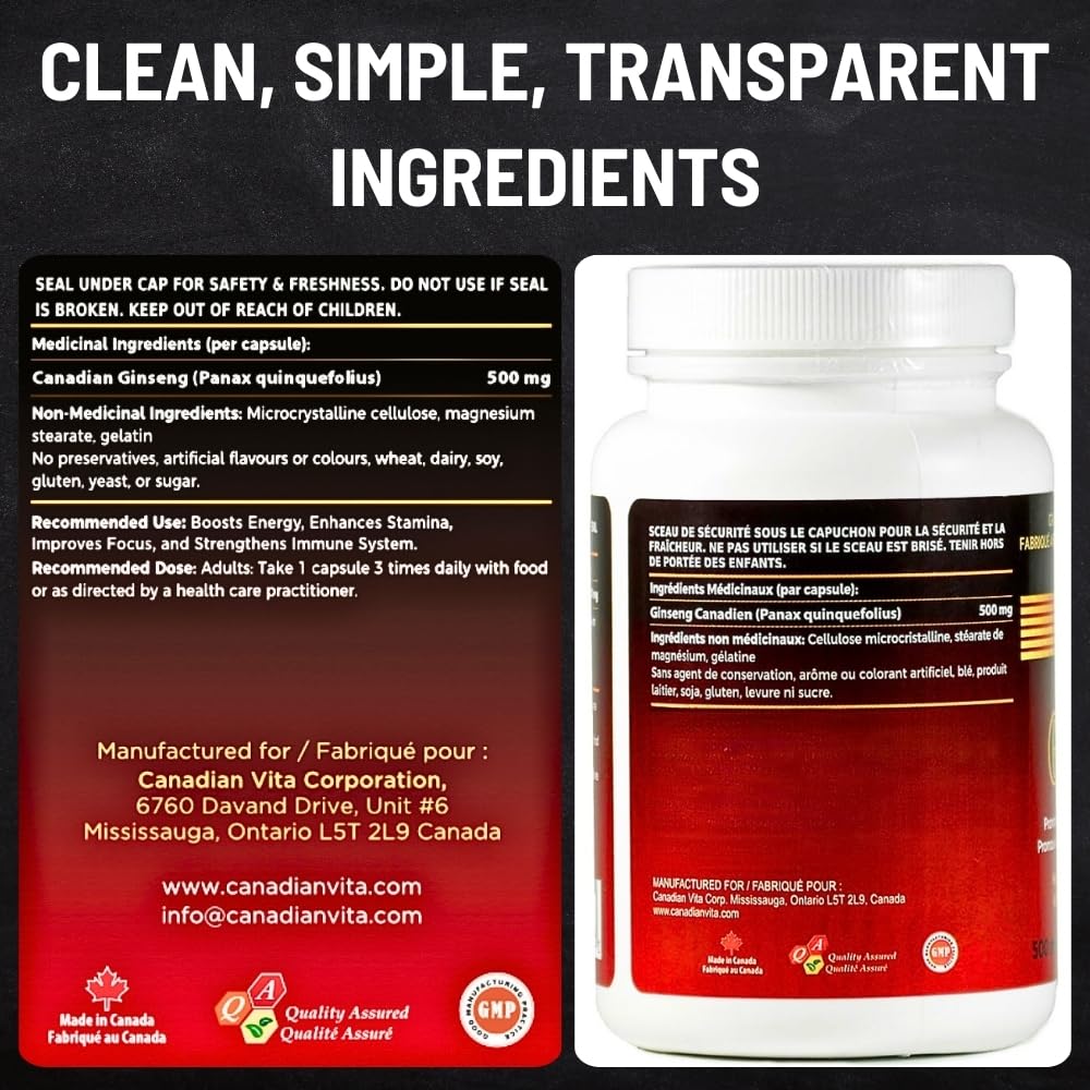 Canadian Vita Ginseng Root Powder Capsules 500mg – Focus & Energy