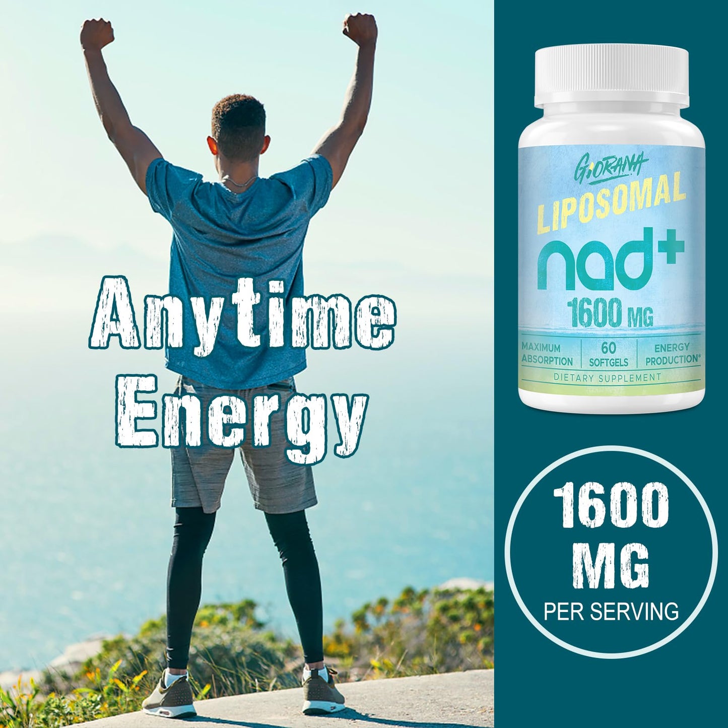 GIORANA 1600 MG Liposomal NAD+ Supplement | NAD+ Boosting, Vitamin B3, Energy & Longevity | Non-GMO, 60 Softgels